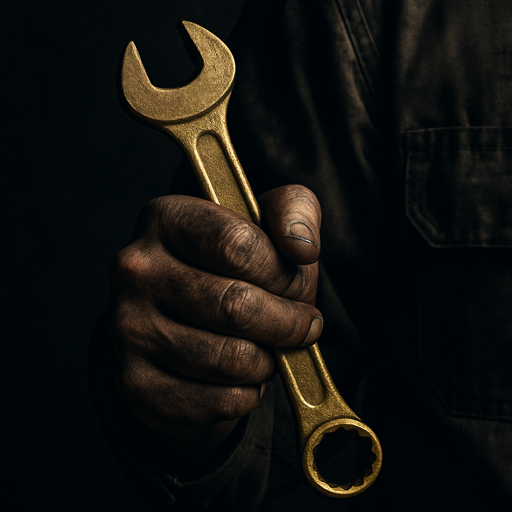 Mechanic hand with golden wrench